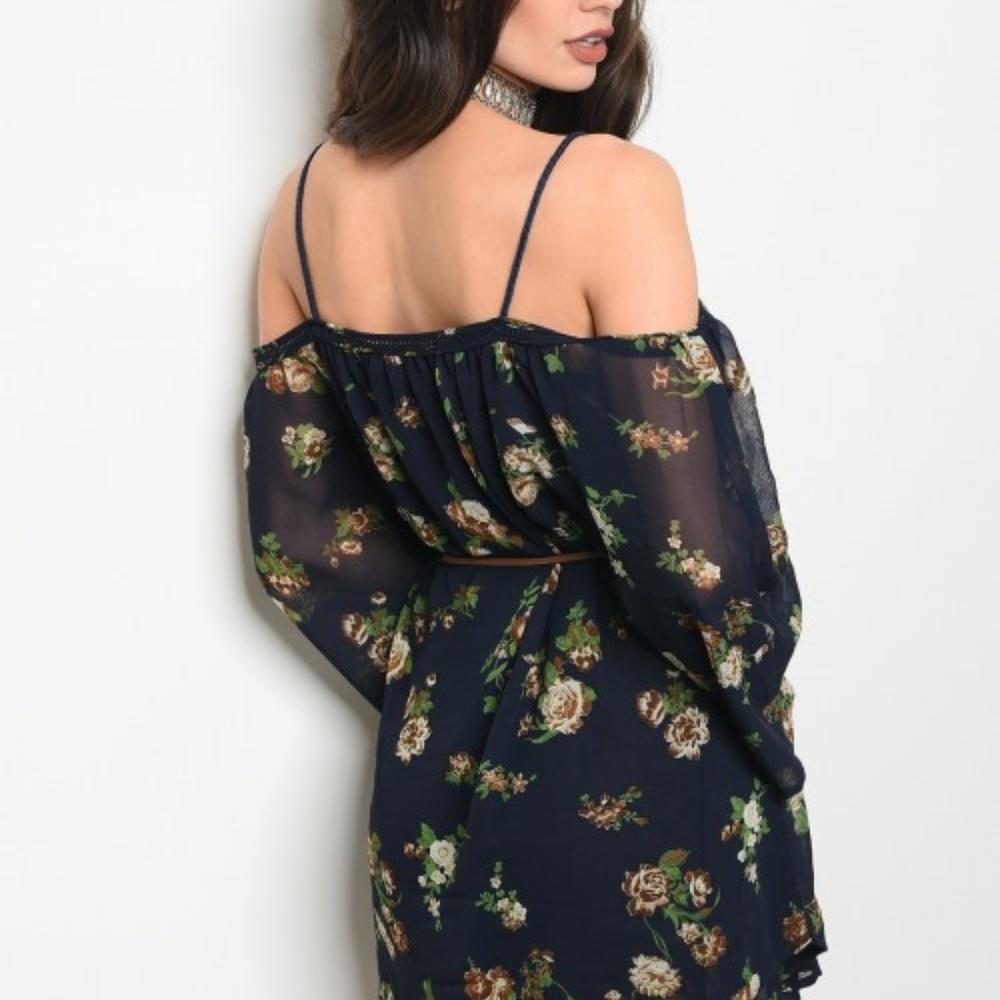 Floral Navy Blue Off Shoulder Tunic Belt Dress